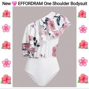 EFFORDRAM Floral Print One Shoulder Ruffle Trim Bodysuit Size L